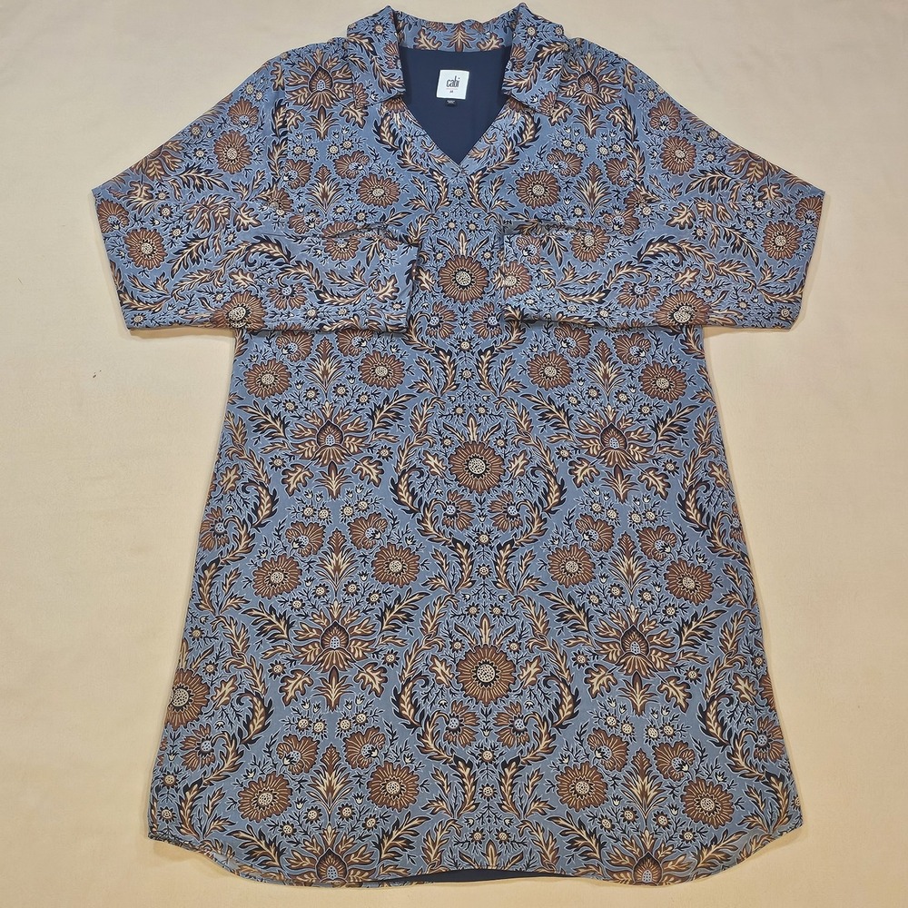 CAbi Provincial Blue Floral Print Lined Chiffon‎ Long Sleeve Dress Womens Size M